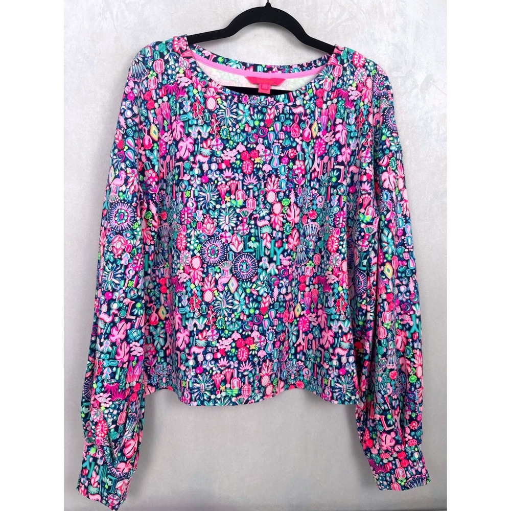 Lilly Pulitzer Kamala Low Tide Navy Jewerly Pink Blue Floral Tropical Sweatshirt - Picture 2 of 8